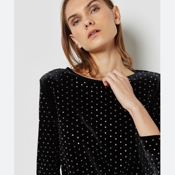 MANGO Embellished Studded Black Velvet Top - Picture 2 of 7